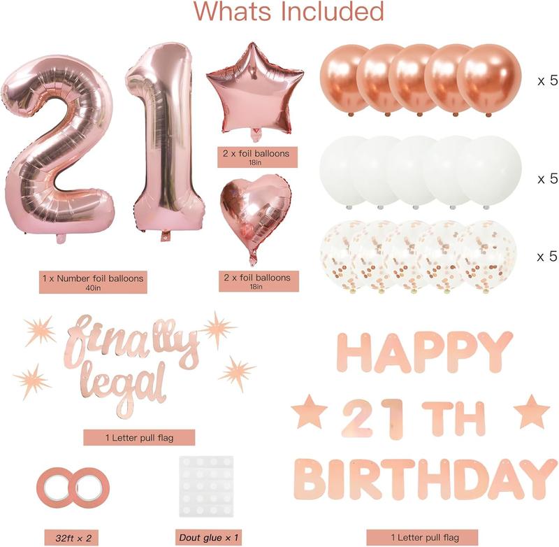 21st Birthday Decorations for Her, Rose  21st Birthday Banner for Women, Number Foil Balloon for Twenty One Years Old Party Supplies