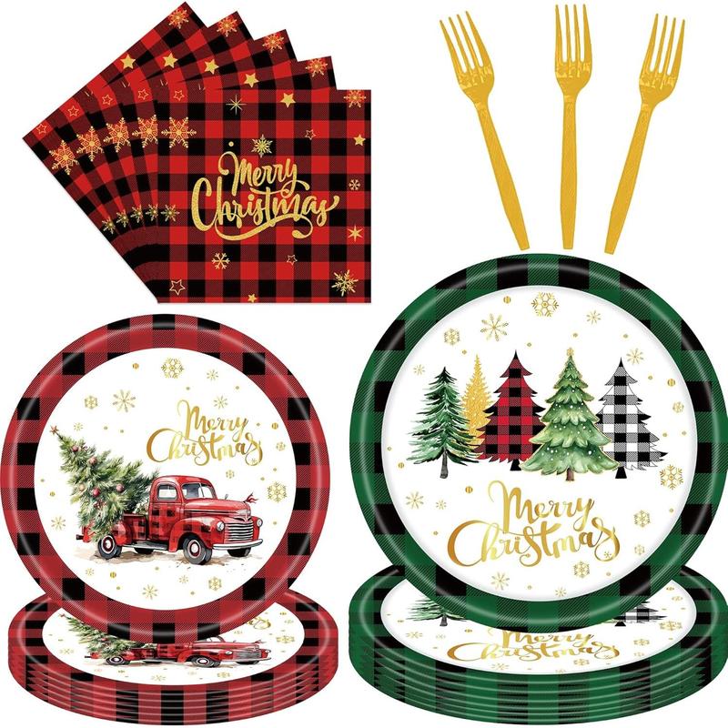 96 Pieces Merry Christmas Disposable Tableware Set - Red and Green Buffalo Plaid Christmas Party Supplies with Paper Plates, Napkins, Forks for Holiday Celebrations, Winter Favors, and Rustic Decor Plastic Pack