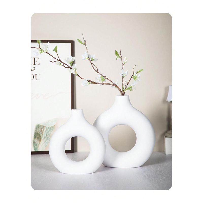 1pc Plastic Donut Shaped Flower Vase, Modern Simplistic Circle Vase Ornament, Ceramic-Like Vase, Creative Home Decor Crafts For Living Room