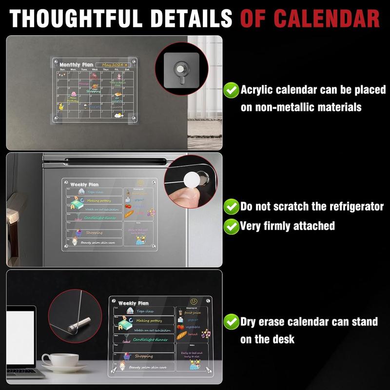 3 Pcs Magnetic Fridge Calendar, Dry Erase Calendar for Refrigerator, Monthly Weekly and Blank Board Acrylic Calendar for Wall, Kitchen, Desk, with 12 Colors Markers Pen, Magnetic Pen Holder and Towel