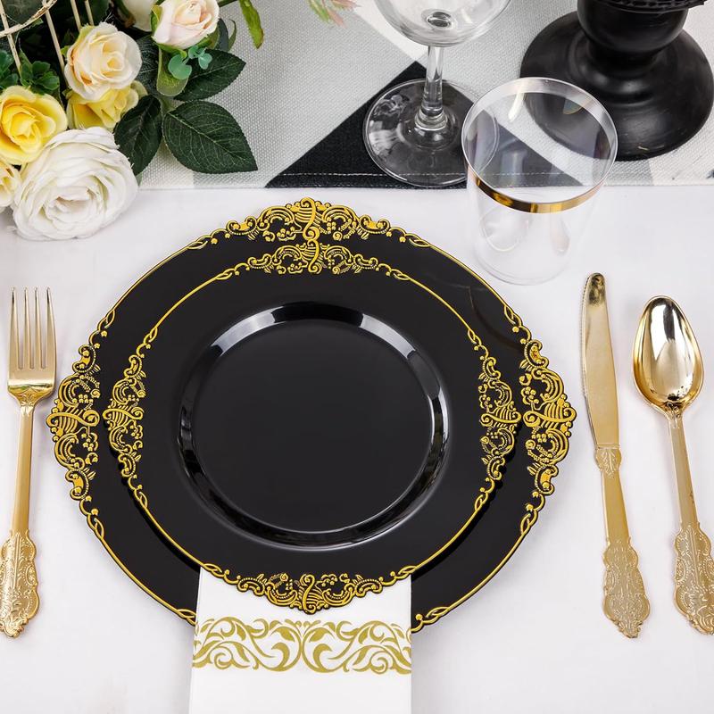 Nervure 350PCS Black and Gold Plastic Plates - Black Plastic Dinnerware Sets for 50 Guests - 100 Black Disposable Plates, 150 Gold Plastic Silverware, 50 Cups, 50 Napkins for Wedding & Party