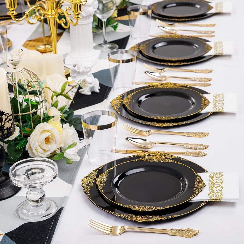 Nervure 350PCS Black and Gold Plastic Plates - Black Plastic Dinnerware Sets for 50 Guests - 100 Black Disposable Plates, 150 Gold Plastic Silverware, 50 Cups, 50 Napkins for Wedding & Party