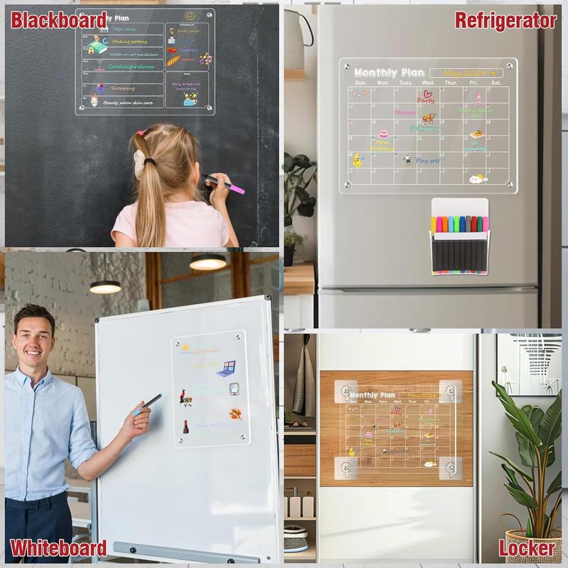 3 Pcs Magnetic Fridge Calendar, Dry Erase Calendar for Refrigerator, Monthly Weekly and Blank Board Acrylic Calendar for Wall, Kitchen, Desk, with 12 Colors Markers Pen, Magnetic Pen Holder and Towel