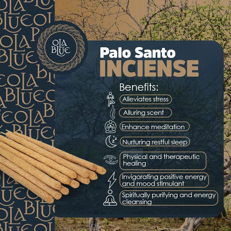 Ola Blue Palo Santo Incense Sticks (12 Pack) from Peru Premium Authentic - Handmade & Hand Rolled Natural Wood - Cleansing Bad Energy & Relieve Stress Holy Wood (Bursera Graveolens Wood) Light Scent Scented Perfume