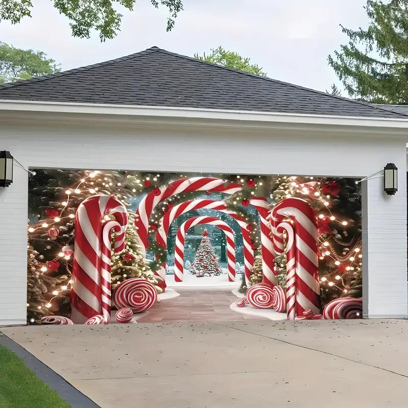 Christmas Themed Garage Door Cover, Candy Cane Pattern Garage Door Banner, Outdoor Holiday Decoration for Home, Party, Festival