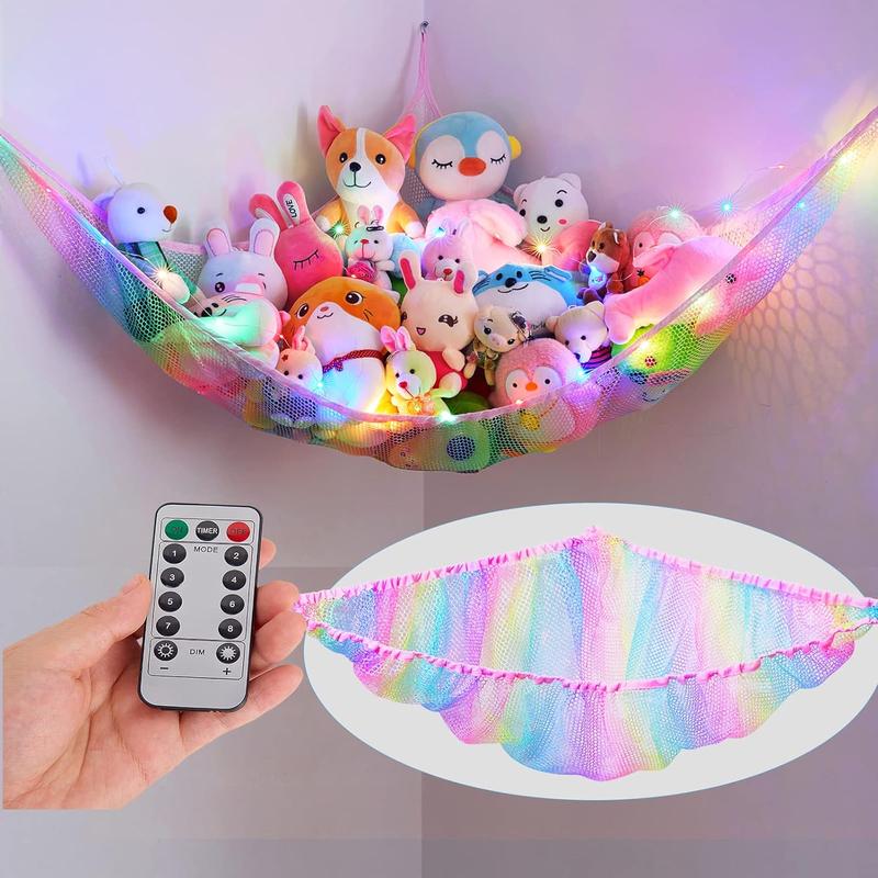 Stuffed animal net hammock toy storage with LED light plush toy organizer corner hanging stuffed animal holder for nursery girls room decor Wall Hangable