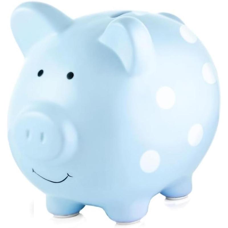 Large Ceramic Piggy Bank, Ideal for Boys and Girls, Money and Coin Bank, Great Gift, Blue Polka Dots Decor Ornaments