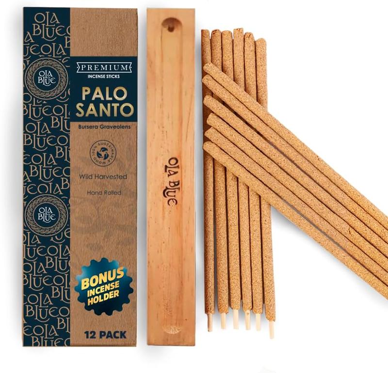 Ola Blue Palo Santo Incense Sticks (12 Pack) from Peru Premium Authentic - Handmade & Hand Rolled Natural Wood - Cleansing Bad Energy & Relieve Stress Holy Wood (Bursera Graveolens Wood) Light Scent Scented Perfume