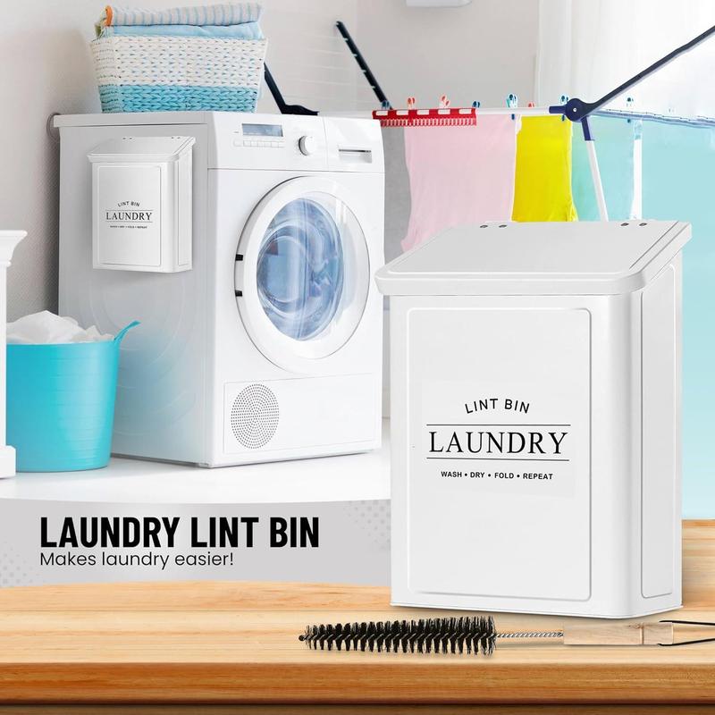 Magnetic Lint Bin for Laundry Room, 1 Count Modern Farmhouse Lint Bin & Accessories with Lid, Wall Mount Space Saving Washer & Dryer Trash Can