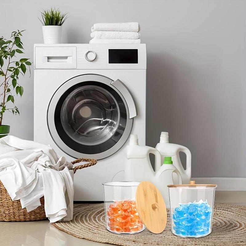 Laundry Room Organization Storage Container, 2 Counts Plastic Jars with 2 Lids & 2 Spoons & 8 Labels, Home Organizer for Laundry Room