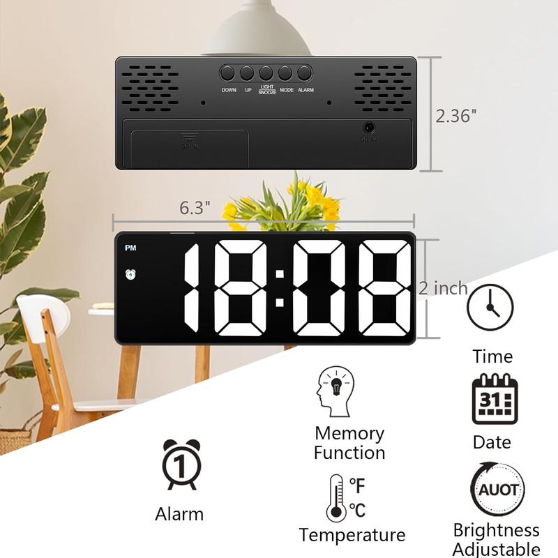 Alarm Clock Led Display,Digital Alarm Clock for Bedrooms,6.5 inch LED Display with White Digits, 3 Levels Brightness Adjustable,Small Electronic Desk Clock for Kitchen Office（Black） digital clocks Decor