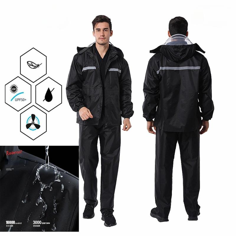 Mens Rain Suits Safety Black Jacket Pants Hooded Waterproof Fishing Raincoat US