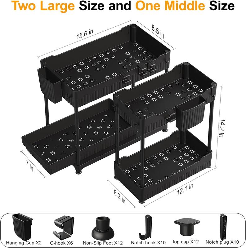 3 Pack Under Sink Organizer, 2-Tier Multi-Use Kitchen Bathroom Organizers and Storage with Sliding Drawer, Bathroom Cabinet Organizer with Hooks and Hanging Cups (Black)