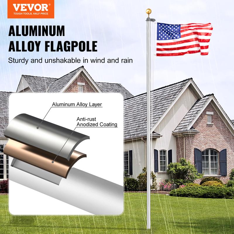 VEVOR 25FT Sectional Flag pole Kit, Heavy Duty Aluminum Alloy in Ground Flag poles for Outside, 3 Display Modes Flagpole with 3x5 American Flag, Professional Accessories, Silver Banners Lightweight