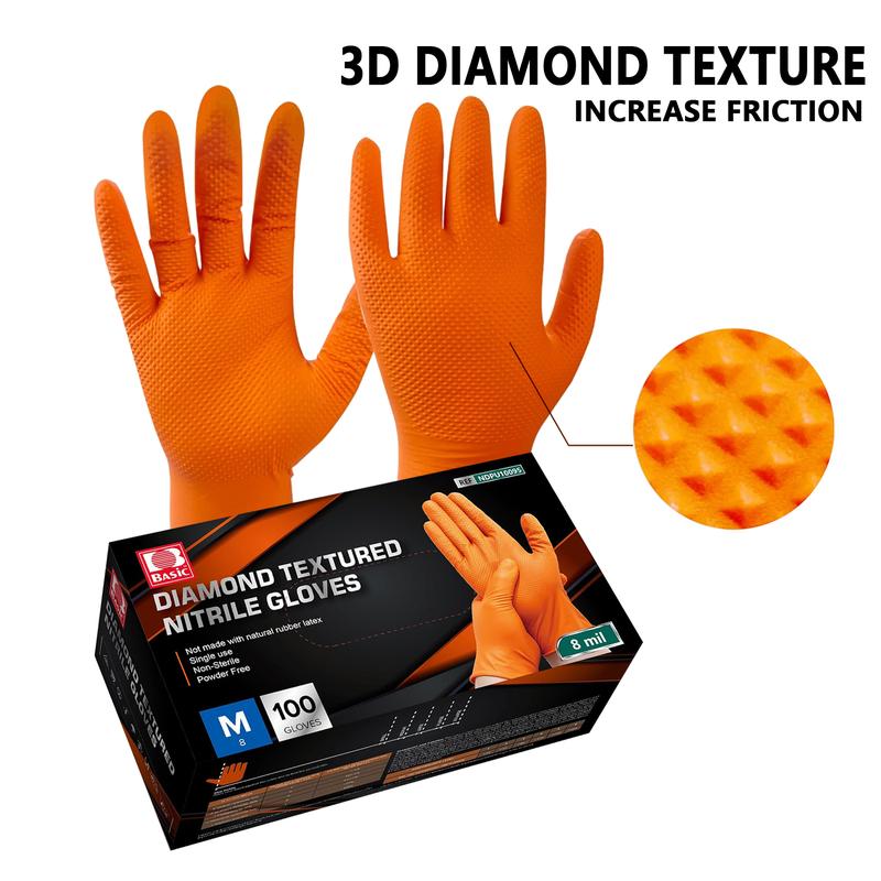 Orange Disposable nitrile gloves, 8mil diamond-textured grip for industrial,food applications, latex and powder free Cleaning Rubber