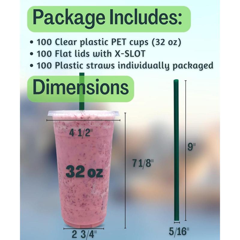 [100 SETS] 32 oz Clear Plastic Cups with Lids and STRAWS, Disposable Drinking Cups for Cold Drinks, Iced Coffee, Milkshakes, Smoothies