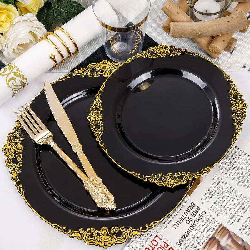 Nervure 350PCS Black and Gold Plastic Plates - Black Plastic Dinnerware Sets for 50 Guests - 100 Black Disposable Plates, 150 Gold Plastic Silverware, 50 Cups, 50 Napkins for Wedding & Party