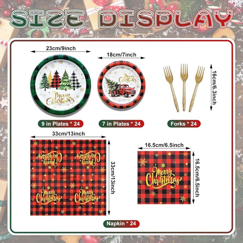 96 Pieces Merry Christmas Disposable Tableware Set - Red and Green Buffalo Plaid Christmas Party Supplies with Paper Plates, Napkins, Forks for Holiday Celebrations, Winter Favors, and Rustic Decor Plastic Pack