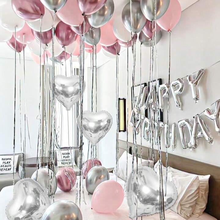 47pcs Set Pink Birthday Party Decorations, Heart Foil Balloons, Happy Birthday Banner, Reusable Supplies