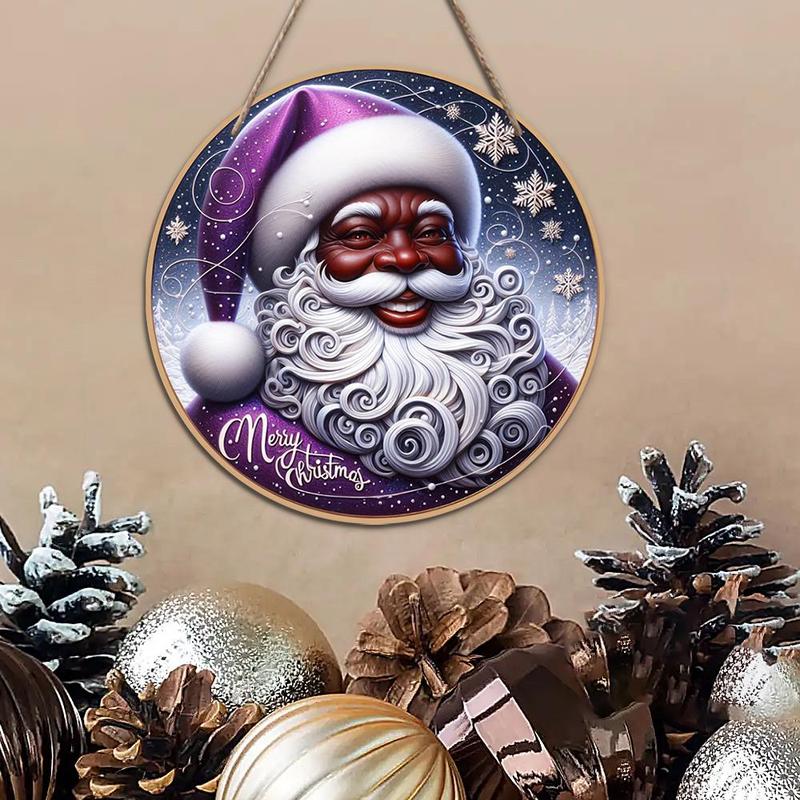 Wooden Round Christmas Decoration without Wreath, 1 Count Santa Claus Pattern Hanging Ornament, Garden Decoration, Home Decor for Living Room Bedroom