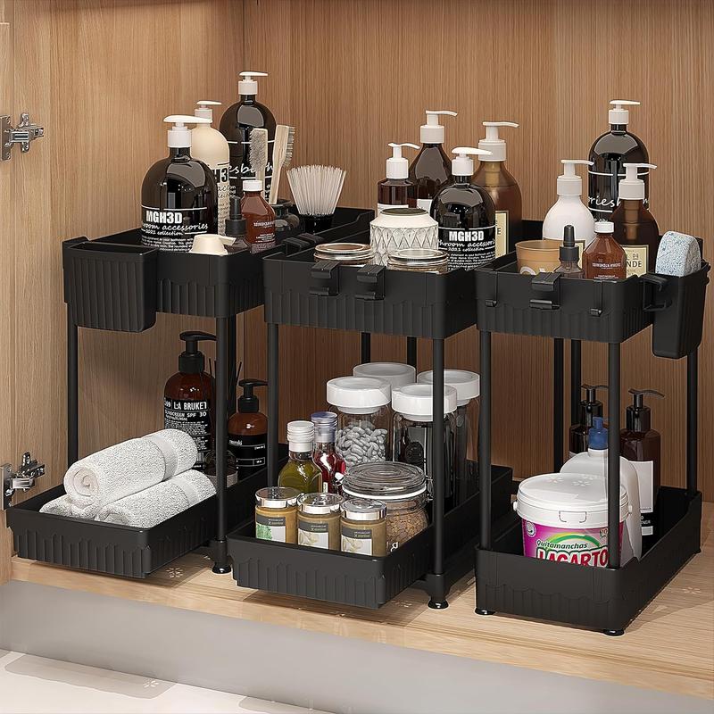 3 Pack Under Sink Organizer, 2-Tier Multi-Use Kitchen Bathroom Organizers and Storage with Sliding Drawer, Bathroom Cabinet Organizer with Hooks and Hanging Cups (Black)