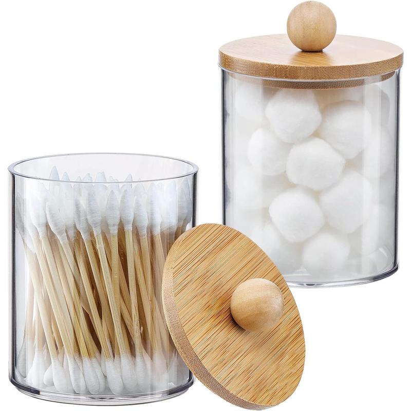 4PC-Cotton Swab Holder Dispenser with Bamboo Lid - 10 - ounce - capacity Transparent Plastic Container for Makeup Storage, Bathroom Accessory Set. Bottles Tin