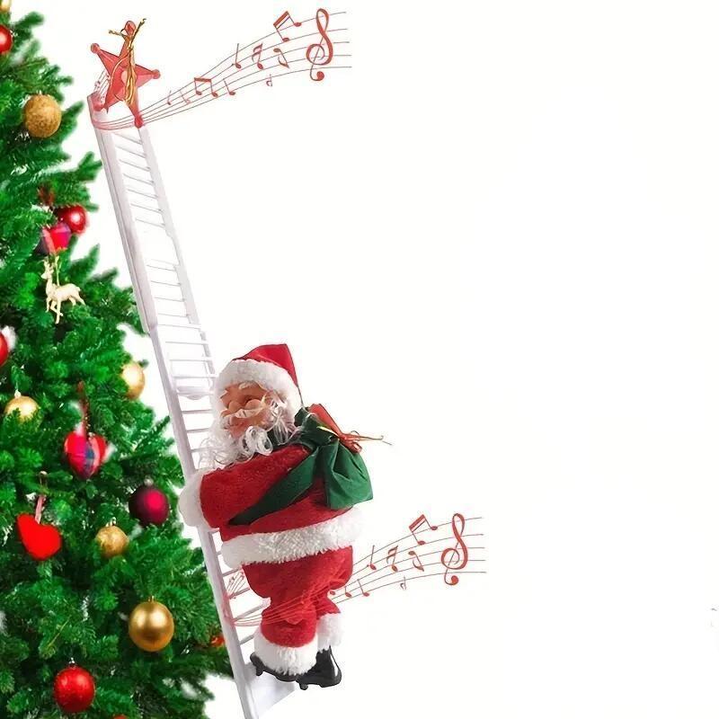 Electric Santa Claus Climbing Ladder Toy, 1 Count Santa Claus with Music & Gift Bag Power By Battery[excluded Battery], Holiday Party Home Door Wall Decoration Christmas Decoration