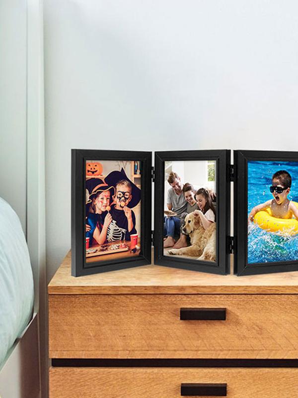 Double Triple Photo Frame 180° Foldable Hinged Picture Frame Stand Vertically on Desktop Photo Frame with Glass Front Black Photo Frame for Desktop Birthday Gifts