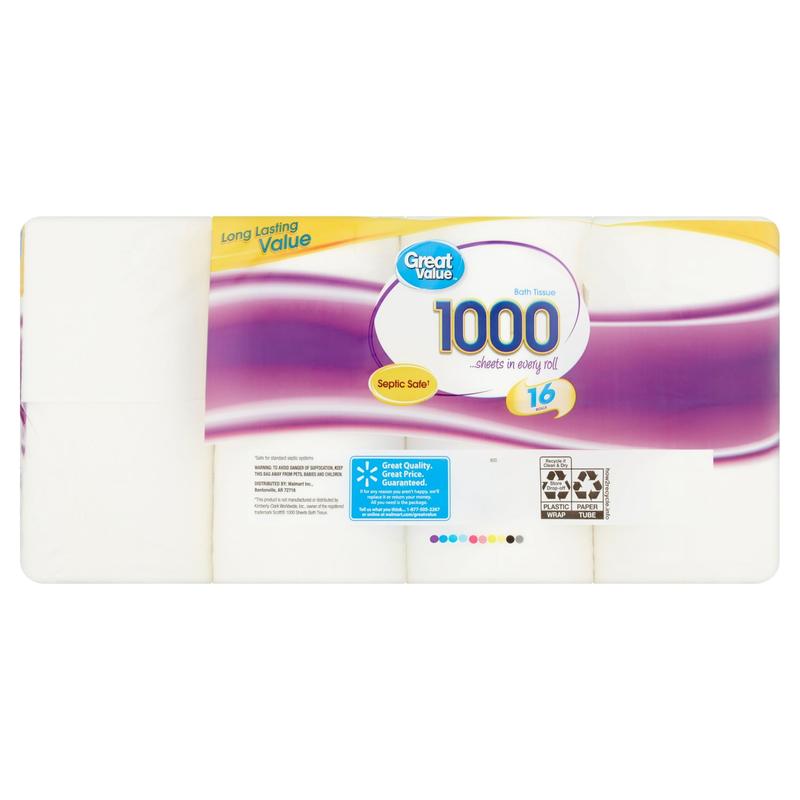 Great Value 1000 Bath Tissue Rolls, 16 Rolls