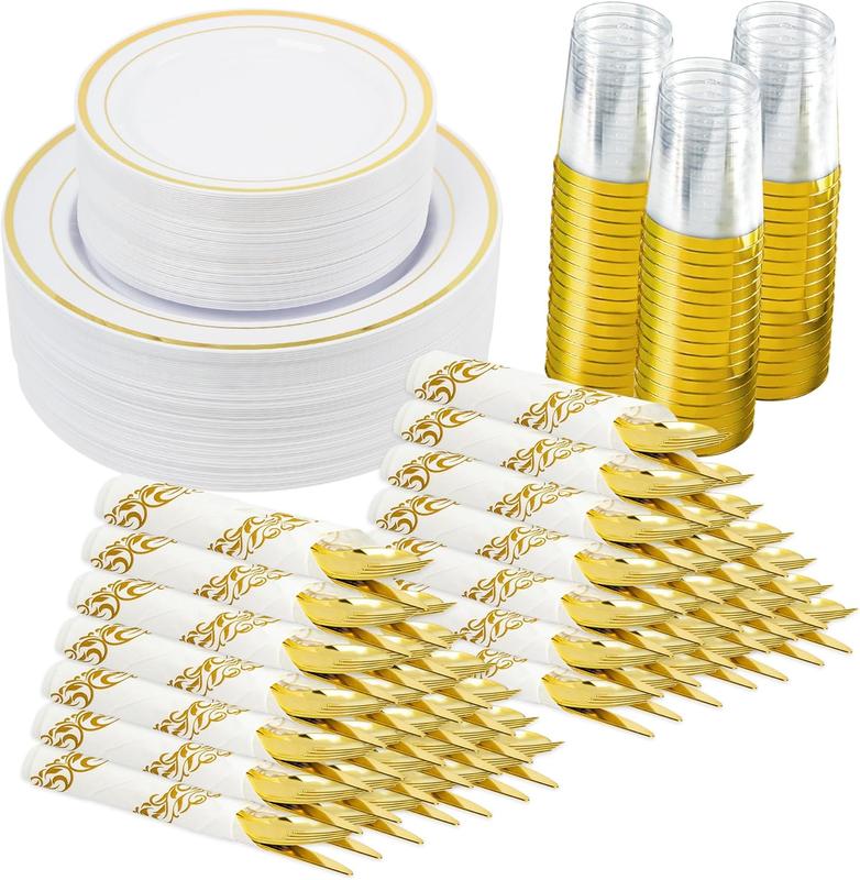 350 count Gold Disposable Plates for 50 Guests, Disposable Plastic Plates for Party, Wedding, Dinnerware Set of 50 Dinner Plates, 50 Salad Plates,50 Cups and 50 Pre Rolled Napkin, Gold