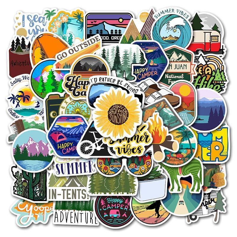 50pcs Outdoor Summer Camp Series Decorative Sticker, Sports Game Super Bowl Party Supplies, Party Favors, Creative Waterproof Sticker For DIY Scrapbook Laptop Luggage Decoration