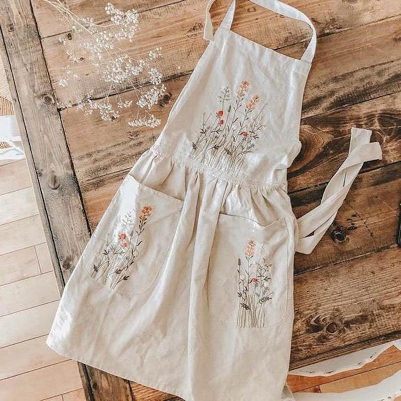 Natural Floral Apron With Lace Trim, Hand Embroidered Apron, Kitchen, Cooking, Florist, Gardening Apron, Gift for Her