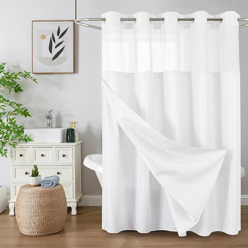 No Hook Shower Curtain with Snap in Fabric Liner, Waffle Weave Heavy Duty Thick Shower Curtains with Mesh Top Window, Hotel Style Waterproof Bathroom Curtain Set, 72 x 75 Inch, White