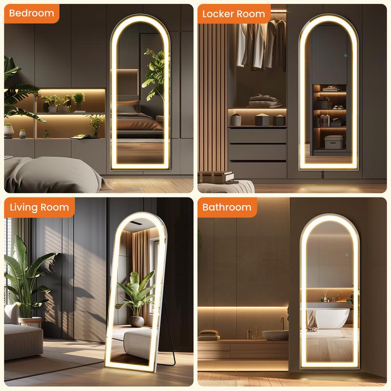 Sweet Furniture Plus Floor Mirror Stand Mirror Full Length with LED Lights, Floor Mirror Dimming & 3 Color Lighting, Large Mirror Full Length Aluminum Alloy Thin Frame for Bedroom, Dressing Room