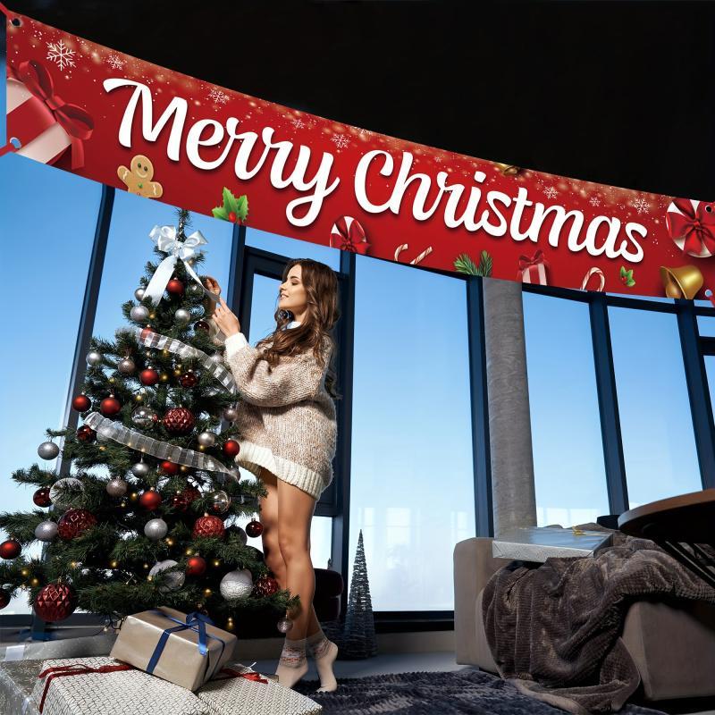 Merry Christmas Yard Banner, 1 Count Outdoor Letter & Cartoon Pattern Decoration, Weather-resistant Banner for Home Office Party Holiday Celebrations