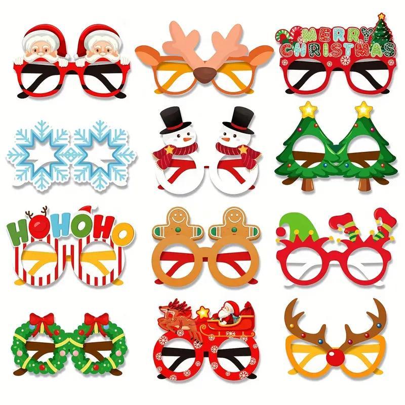 Christmas Themed Party Glasses, 12pcs set Santa Claus Snowflake Reindeer Design Paper Glasses, Party Decoration Supplies for Adults & Teenagers