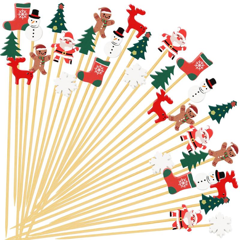 100 Christmas Cocktail Picks, 8 Kind of Christmas Toothpicks, Xmas Tree Snowman Santa Reindeer Stocking Bamboo Charcuterie Skewers Fruit Food Appetizer Sticks for Christmas Party Supplies Decorations