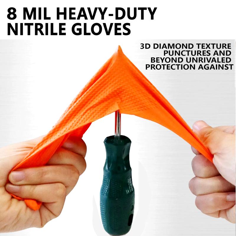 Orange Disposable nitrile gloves, 8mil diamond-textured grip for industrial,food applications, latex and powder free Cleaning Rubber