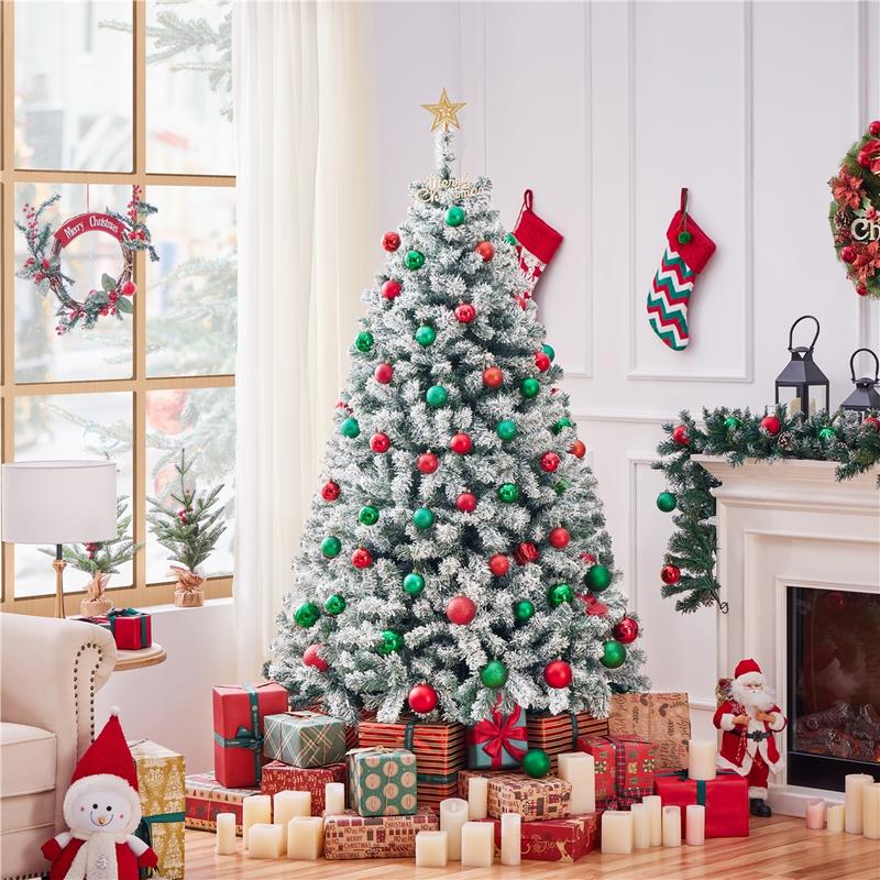 Yaheetech Pre-lit Artificial Christmas Tree with Incandescent Warm White Lights, Snow Flocked Full Prelighted Xmas Tree Foldable Stand Decor Decoration Ornaments