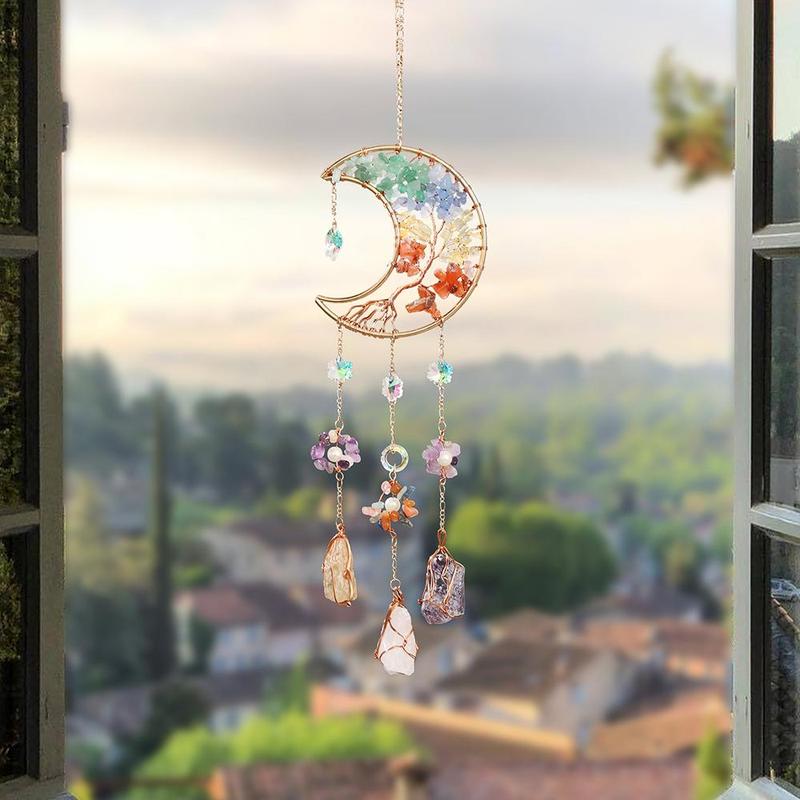 Creative Moon & Tree Of Life Design Sun Catcher, 1 Count Artificial Crystal Sun Catcher, Hanging Decor for Home Living Room Bedroom Garden