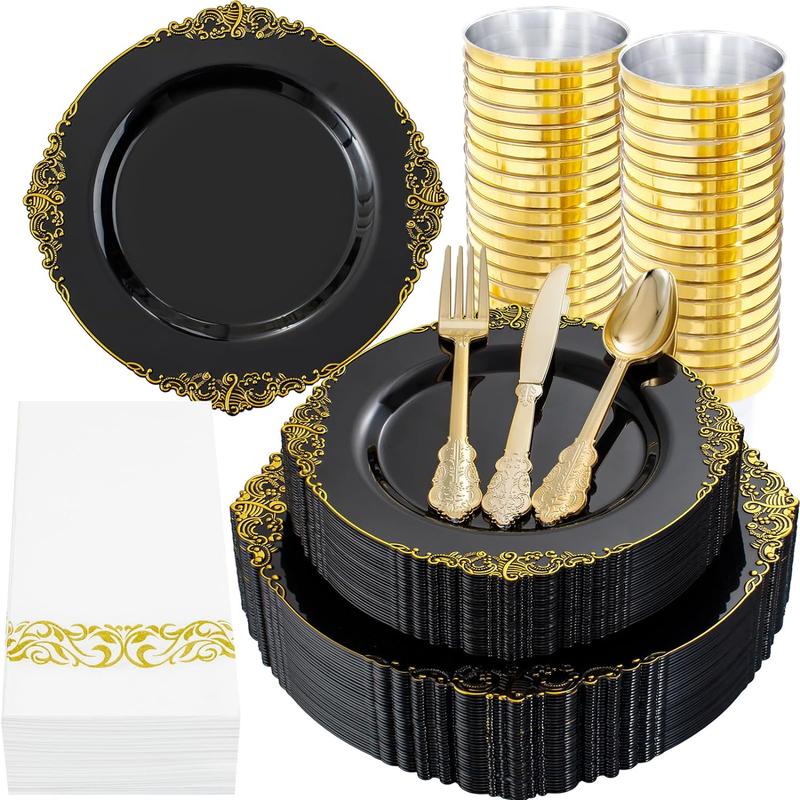 Nervure 350PCS Black and Gold Plastic Plates - Black Plastic Dinnerware Sets for 50 Guests - 100 Black Disposable Plates, 150 Gold Plastic Silverware, 50 Cups, 50 Napkins for Wedding & Party