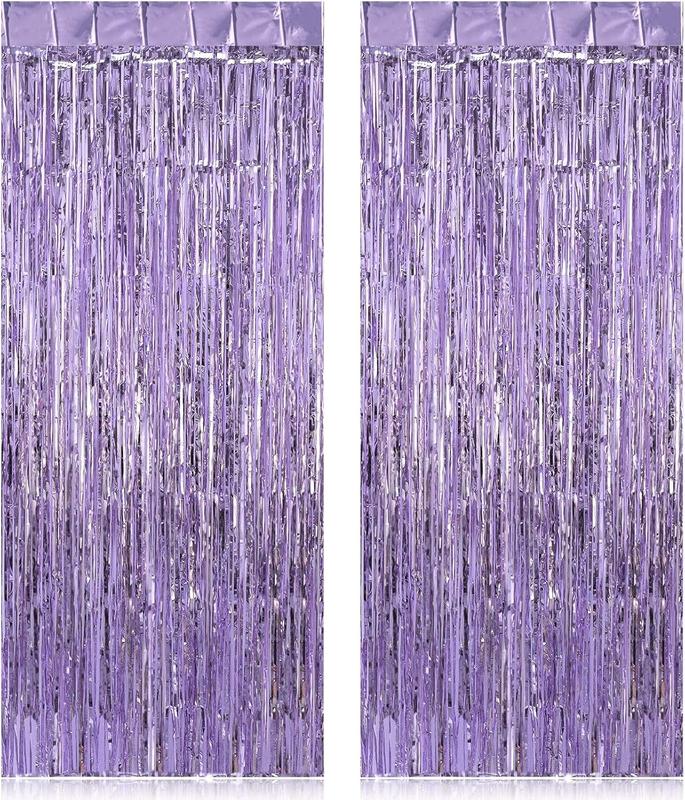 2 Pack Fringe Curtains Backdrops, Foil Fringe Curtains, Door Streamers for Birthday Wedding Bridal Shower Holiday Graduation Party Decorations, Photo Booth Backdrops Light Purple