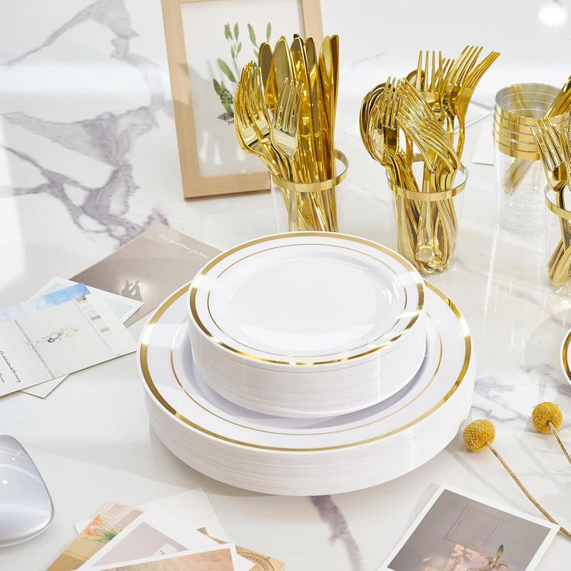 350 count Gold Disposable Plates for 50 Guests, Disposable Plastic Plates for Party, Wedding, Dinnerware Set of 50 Dinner Plates, 50 Salad Plates,50 Cups and 50 Pre Rolled Napkin, Gold