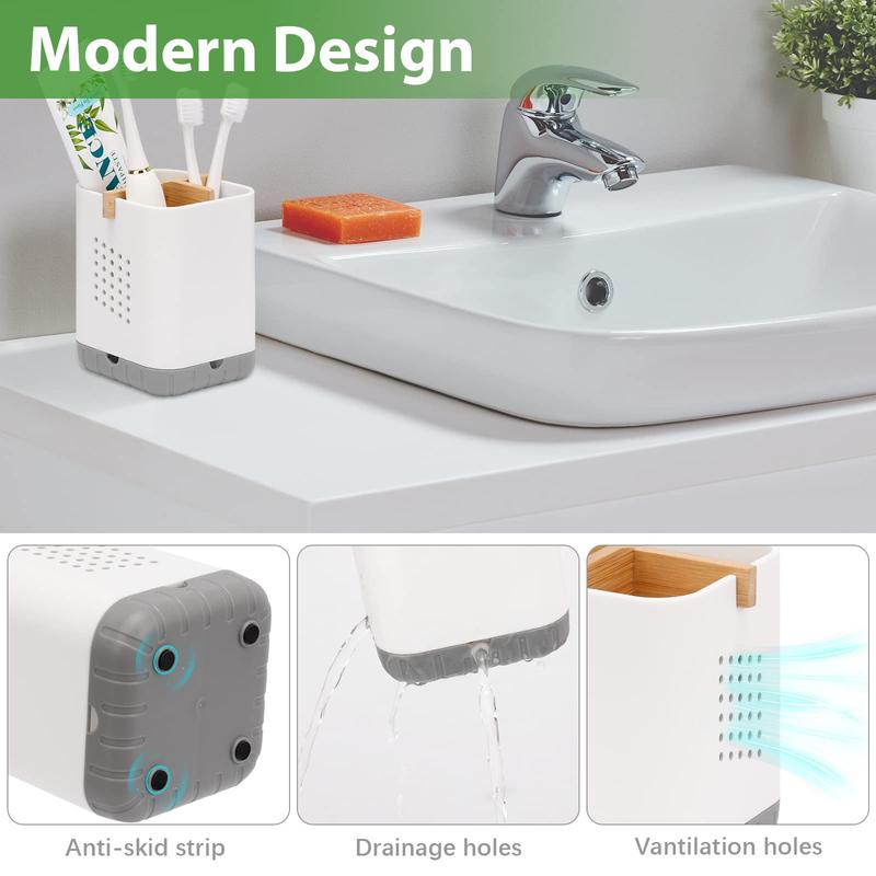 Toothbrush and Toothpaste Holder with Bamboo Divider for Bathroom Countertop Organizer, Plastic Detachable Anti-Slip Large Electric Toothbrush Holders Storage Caddy Drainage for Family toothbrush holder