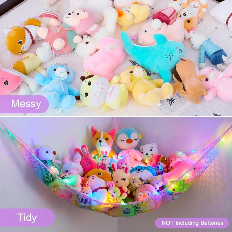 Stuffed animal net hammock toy storage with LED light plush toy organizer corner hanging stuffed animal holder for nursery girls room decor Wall Hangable