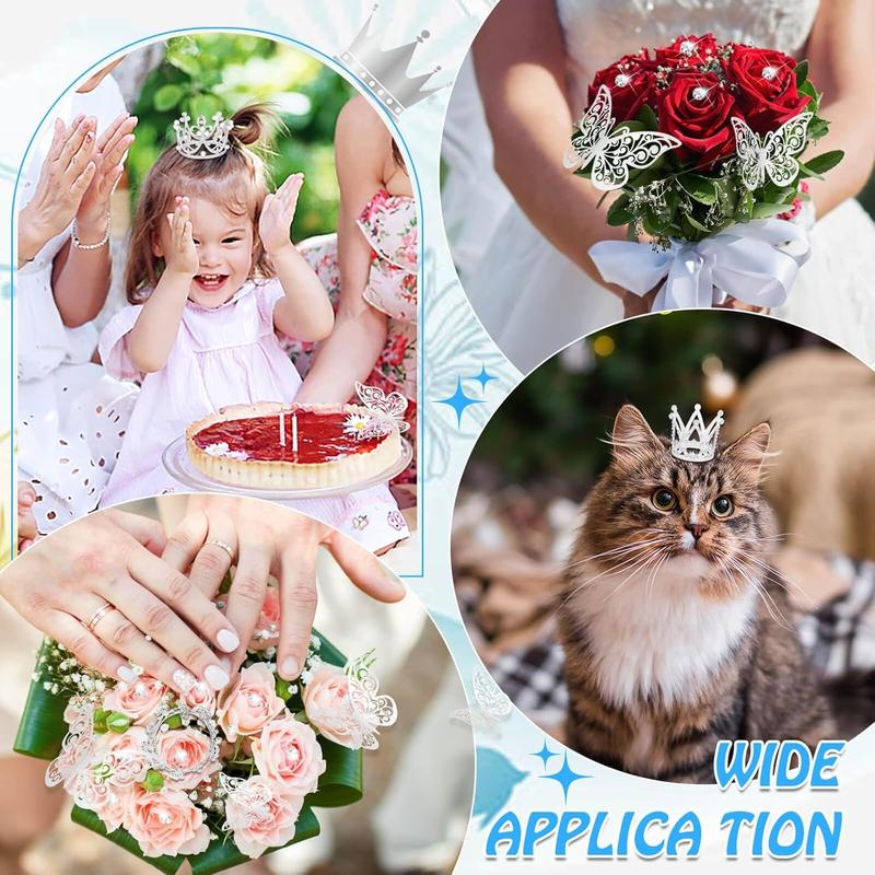 Flower Bouquet Accessories Including 4 Pcs Silver Crowns, 12 Pcs Butterfly Decorations and 50 Pcs Flower Pins for Flower Bouquets and Cake Topper Decoration