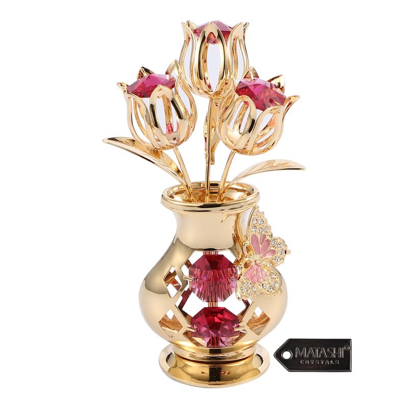 Matashi Flower Bouquet Vase with Decorative Butterfly 24K Gold Plated Red Crystal Tabletop Ornament, Best Ever Gift for Mother's Day, Christmas, Valentine's Day, Anniversary, Gift for Mom, Wife