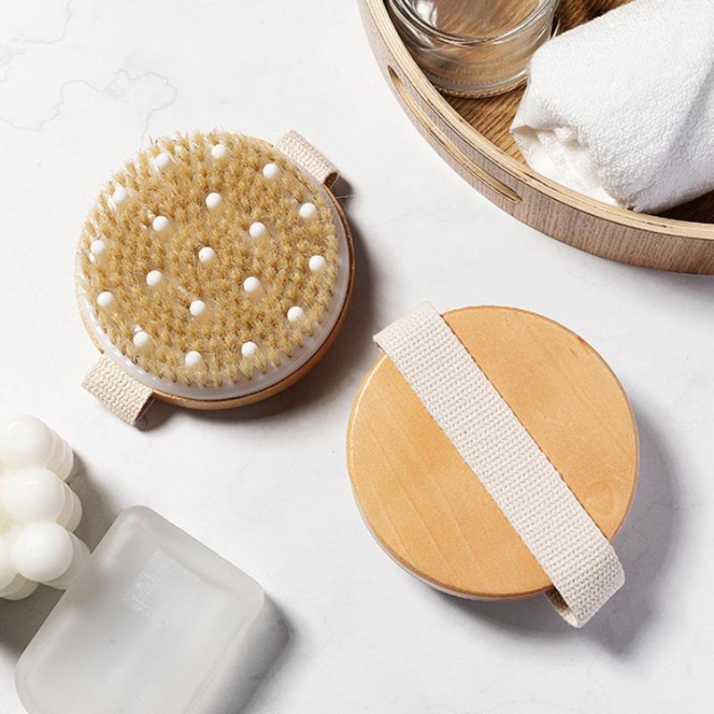 Round Wooden Body Brush, Massage Brush for Exfoliating, Body Scrubber, Bath Brush for Women & Men