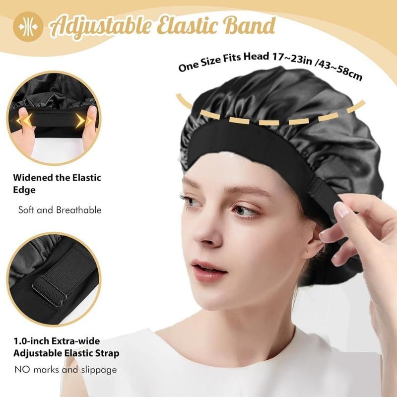 Silk Satin Bonnet, Hair Wrap Adjustable Sleep Cap with 2 counts of Scrunchies for Women Men Double Layer Lined Bonnets for Curly Braid Hair (Black)(Creative Life Pavilion) Shower