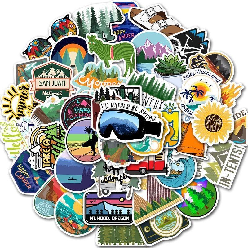 50pcs Outdoor Summer Camp Series Decorative Sticker, Sports Game Super Bowl Party Supplies, Party Favors, Creative Waterproof Sticker For DIY Scrapbook Laptop Luggage Decoration